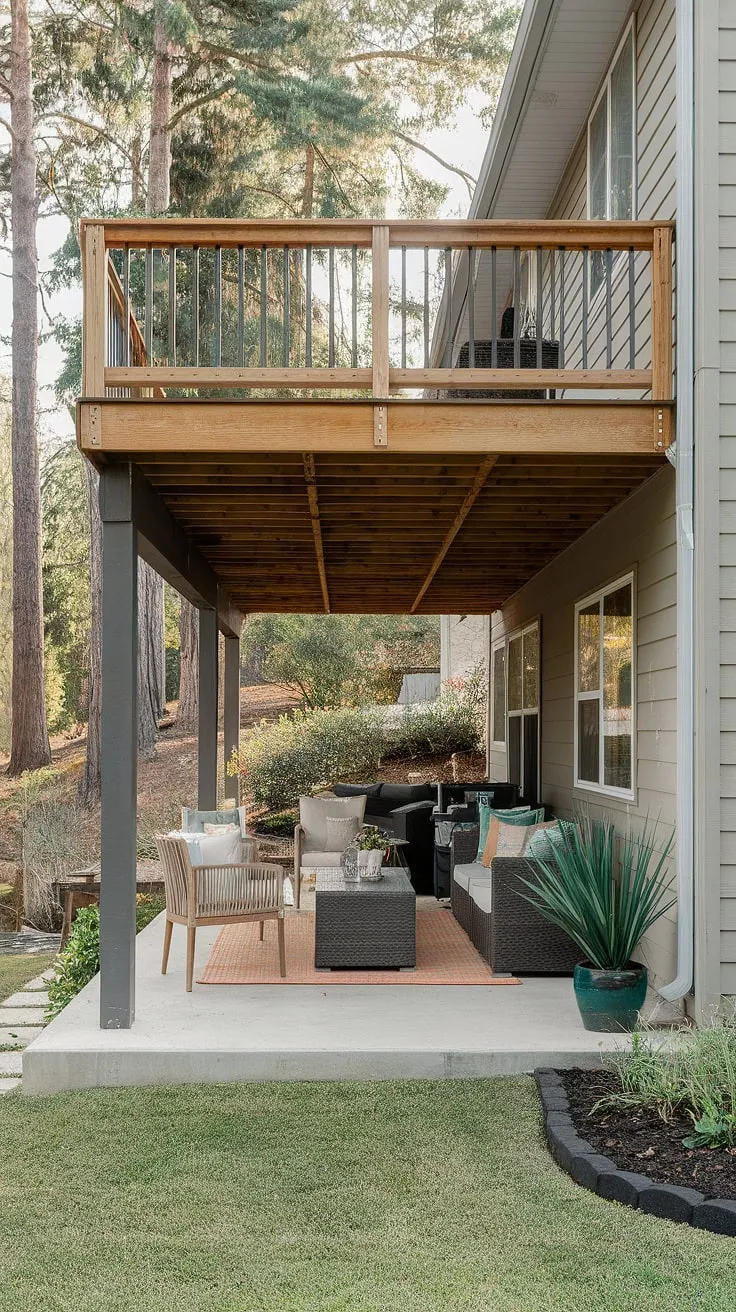 Escape to your own private oasis with this stunning deck with patio underneath.  The under deck patio, a haven of comfort and style, showcases the best in under deck ideas.  This high decks backyard design, perfect for second floor deck ideas, features a spacious patio under deck, complete with comfortable furniture and lush greenery.  Consider these under deck patio ideas for your own townhouse patio or backyard under deck patio ideas.