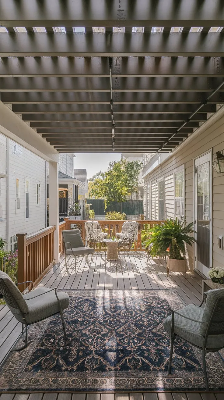 Escape to this serene patio under deck, a haven of calm nestled within a townhouse setting.  This under deck patio showcases clever backyard under deck patio ideas, maximizing space and light.  The high decks backyard provides the perfect cover for this inviting space, offering inspiration for your own deck with patio underneath design.  Explore under deck ideas and second floor deck ideas to create your own tranquil retreat.
