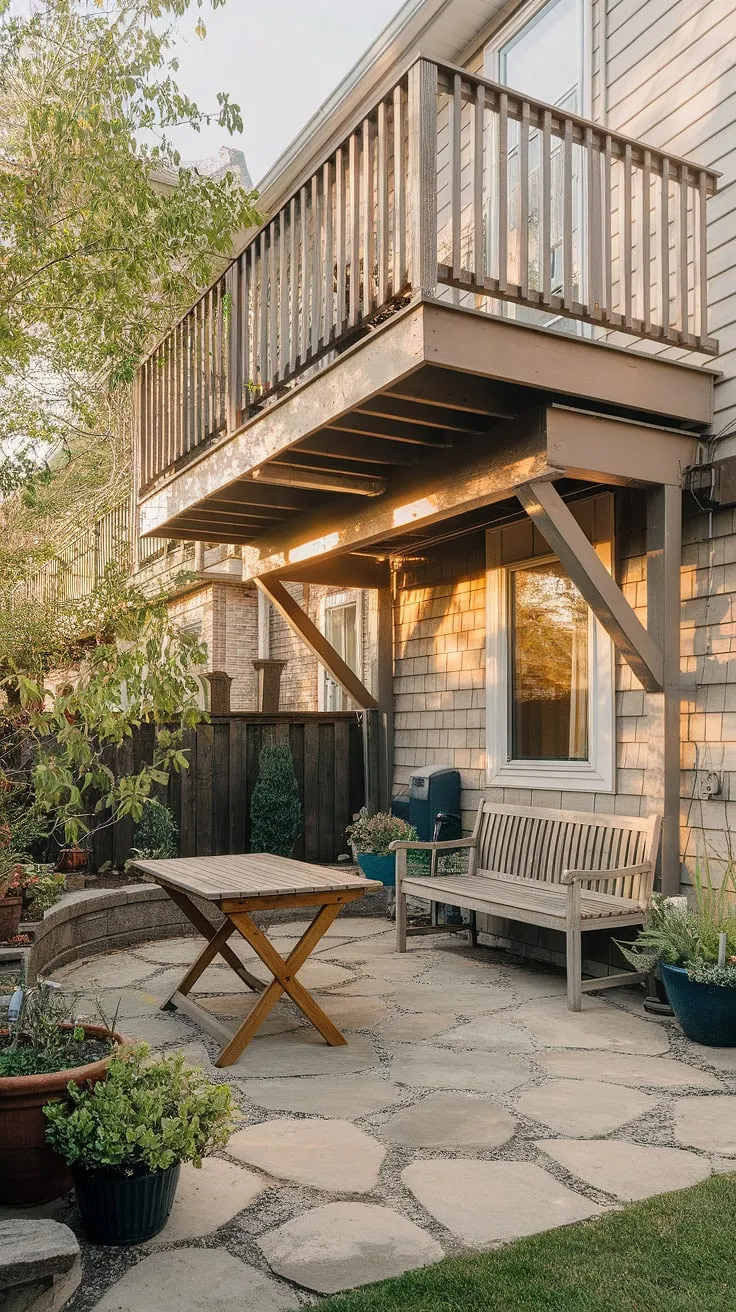 This townhouse backyard boasts a stunning high deck, creating a shaded and private patio underneath.  Clever under deck patio ideas maximize space, transforming this area into an inviting retreat with a stone patio, wooden bench, and potted plants.  Perfect examples of second floor deck ideas and deck with patio underneath, this design showcases how to utilize space under high decks backyard for extra outdoor living.