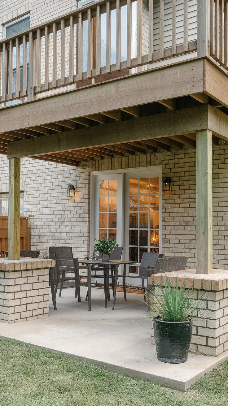 Escape the everyday in this cozy patio under deck, a perfect example of under deck patio ideas maximizing space.  This townhouse patio, tucked beneath a high deck, showcases clever backyard under deck patio ideas and offers a private retreat.  Consider this inspiration for your own second floor deck ideas and deck with patio underneath.
