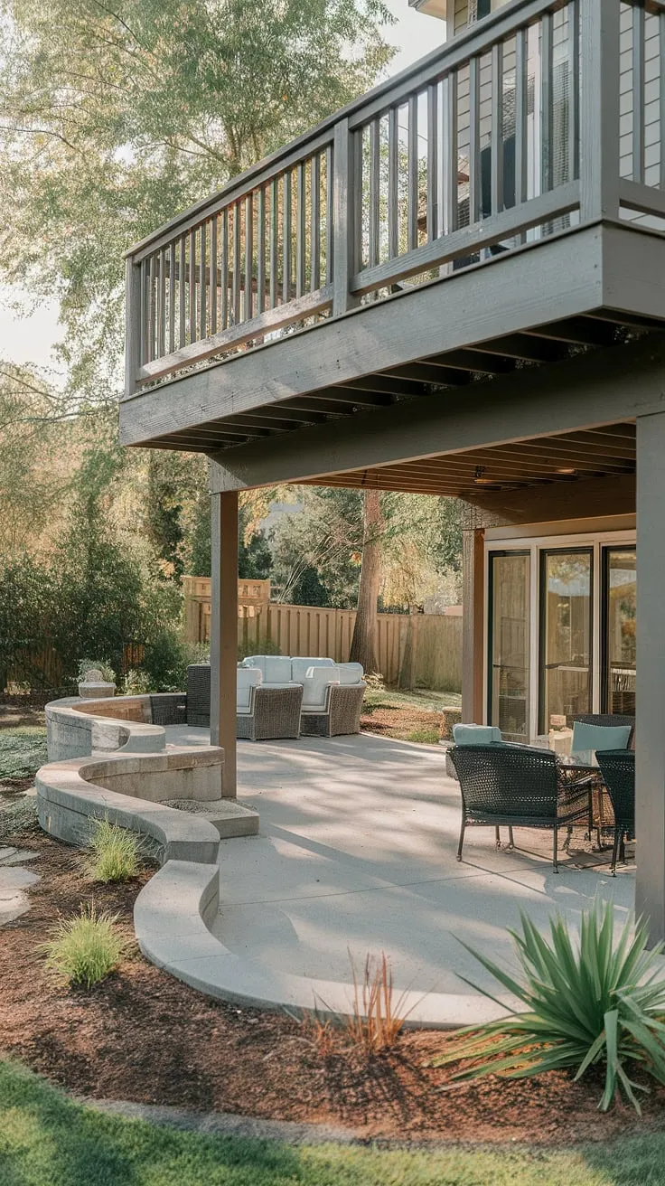 Sunlight streams onto this dreamy high decks backyard, showcasing the perfect blend of outdoor living.  The second floor deck ideas are brought to life with a stunning patio under deck, creating two distinct yet connected spaces.  This townhouse patio setup offers endless under deck ideas, and is a prime example of backyard under deck patio ideas and under deck patio ideas for maximizing space.