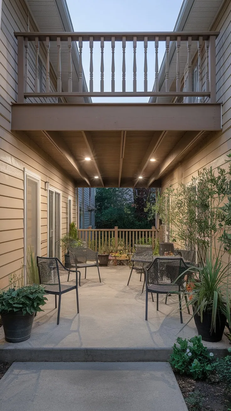 This townhouse patio, tucked perfectly under the second-floor deck, offers a private oasis.  The clever use of space showcases brilliant under deck patio ideas, transforming this high decks backyard into a charming retreat.  Consider this inspiration for your own deck with patio underneath, or explore more under deck ideas for your backyard under deck patio ideas.
