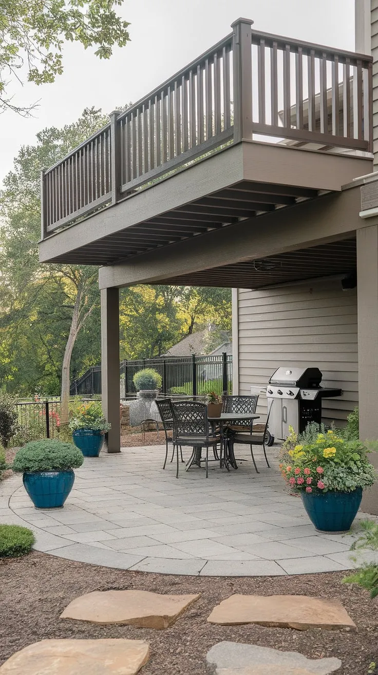 Dreamy backyard under deck patio ideas come to life in this stunning setup.  The deck with patio underneath offers the best of both worlds: a private second floor deck and a cozy patio under deck for grilling and dining.  Get inspired by these under deck ideas for your own townhouse patio.