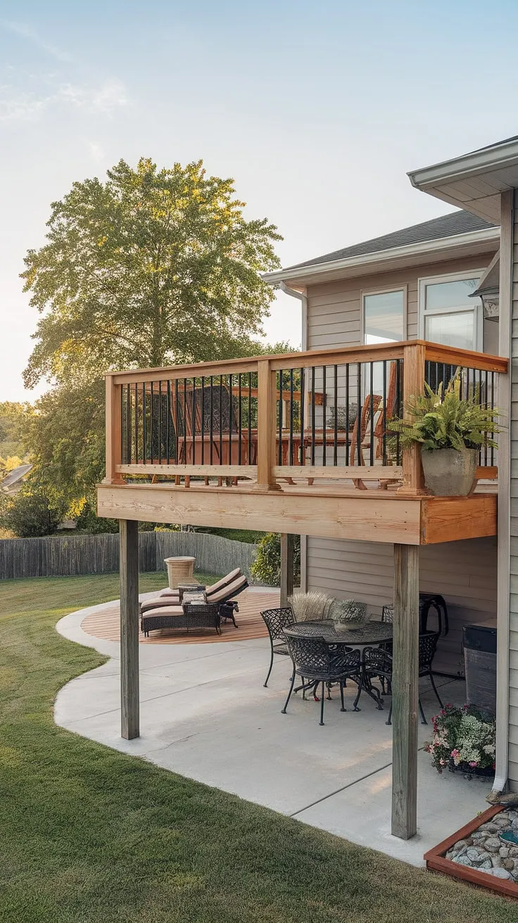 Imagine relaxing on this high decks backyard retreat, a second floor deck ideas dream come true. The patio under deck, a brilliant example of backyard under deck patio ideas, adds another layer of enjoyment to this townhouse patio.  This design proves that under deck patio ideas can dramatically increase usable outdoor space, creating a stunning deck with patio underneath.