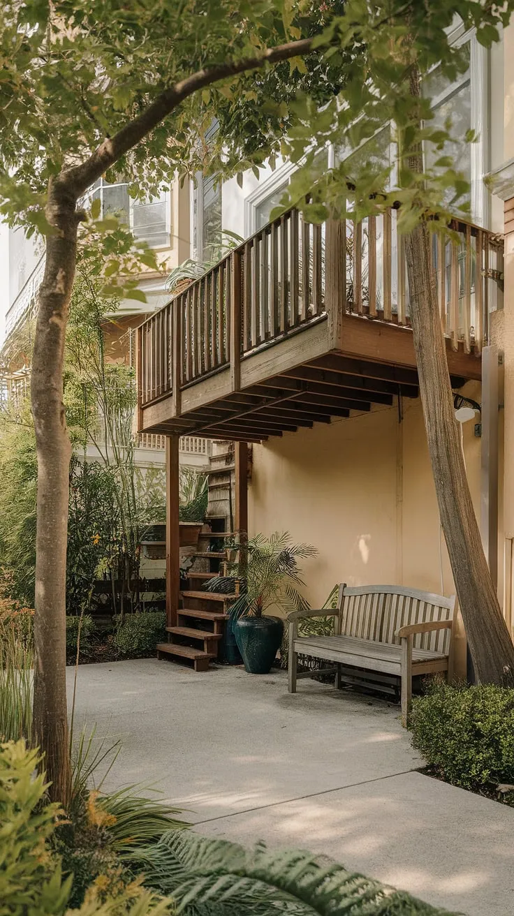 Escape the everyday on this high deck overlooking a tranquil patio retreat.  Smart under deck patio ideas maximize space, creating a charming townhouse patio perfect for relaxing evenings. This deck with patio underneath offers the best of both worlds: elevated views and a cozy ground-level space.  Consider this inspiration for your own second floor deck ideas and backyard under deck patio ideas.
