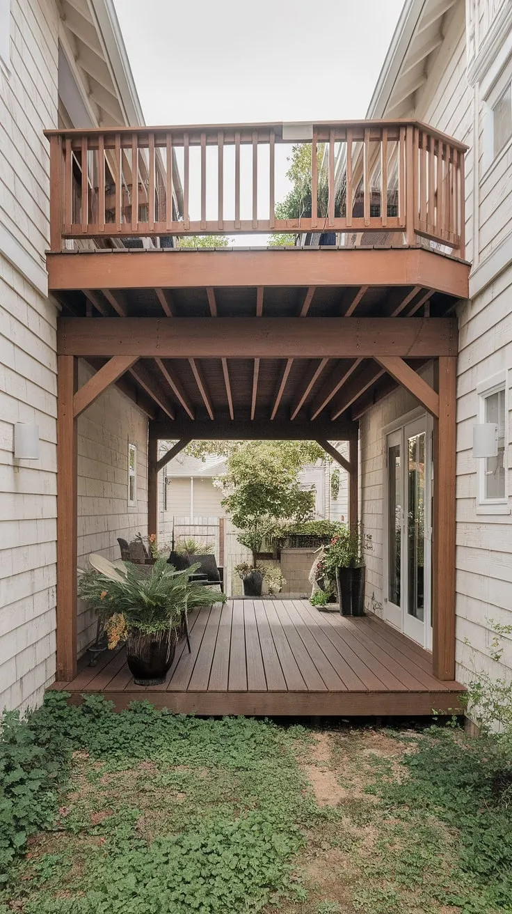 Escape to your own private oasis with this impressive high decks backyard featuring a spacious patio under deck.  Get inspired by these under deck patio ideas and discover how to maximize your space with a deck with patio underneath.  Perfect for townhouse patio living, this design offers clever under deck ideas and backyard under deck patio ideas for creating a luxurious and inviting outdoor sanctuary.