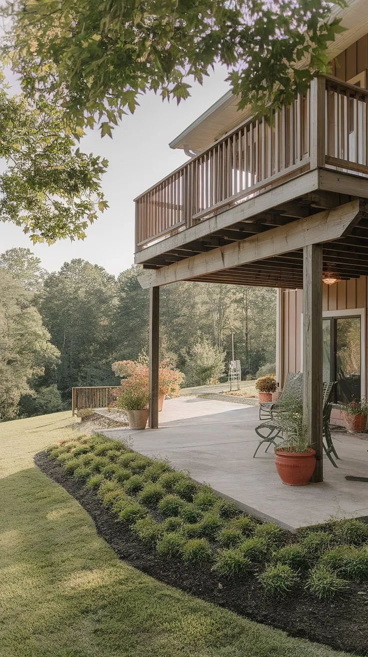 This high decks backyard design offers the best of both worlds: a spacious second-floor deck for sunbathing and a charming patio under deck, ideal for shaded relaxation.  Get inspired by these under deck patio ideas and transform your townhouse patio into a lush retreat.  Consider this deck with patio underneath when exploring under deck ideas for your own backyard under deck patio ideas.