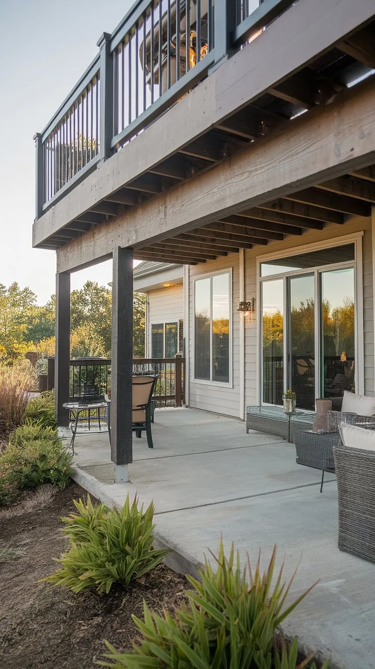 This high deck with its inviting patio underneath offers the perfect blend of outdoor living.  Explore endless possibilities with these under deck patio ideas, transforming your townhouse patio or backyard into a private oasis.  Second floor deck ideas don't get much better than this combination of elevated relaxation and a sheltered space below.  Consider this inspiration for your own backyard under deck patio ideas, creating a deck with patio underneath that maximizes space and style.