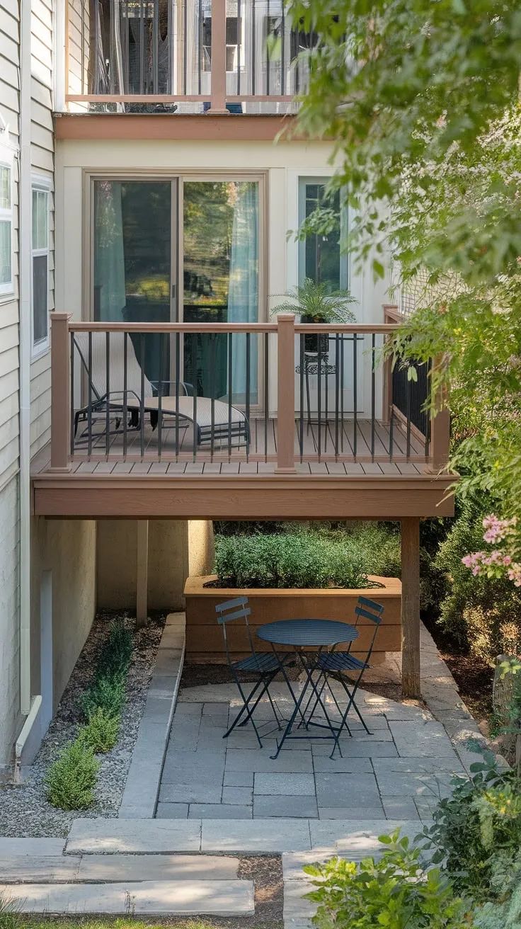 This townhouse patio is a dream come true!  Second floor deck ideas don't get much better than this high decks backyard retreat, complete with a cozy lounge area. But the real magic is underneath – the under deck patio offers a unique and inviting space for al fresco dining.  Get inspired by these under deck ideas and under deck patio ideas to transform your own outdoor space.  Consider this the ultimate example of a deck with patio underneath.