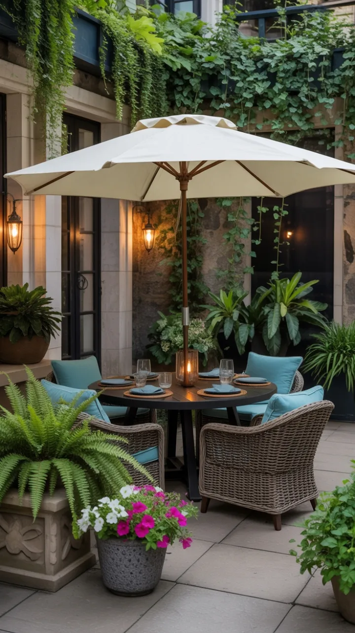 Cozy Lantern-Lit Patio Oasis for Relaxed Outdoor Dining