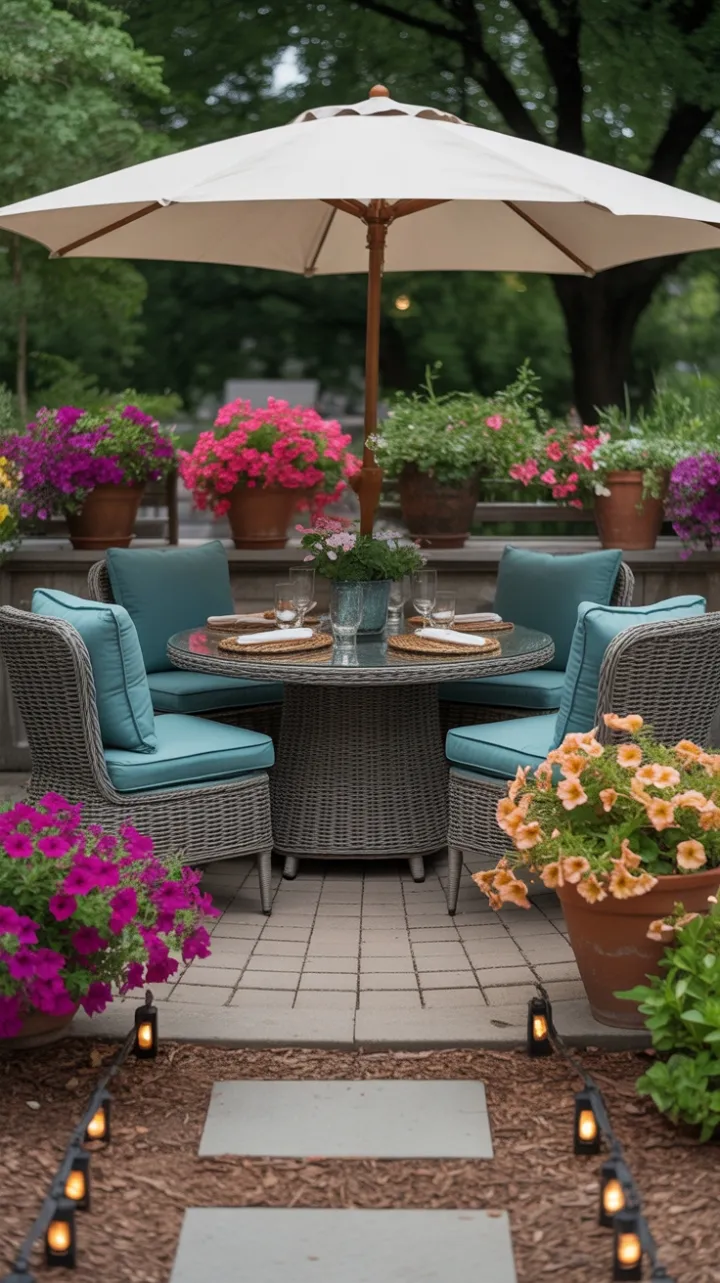 Cozy Teal Patio Bathed in Petunia Glow