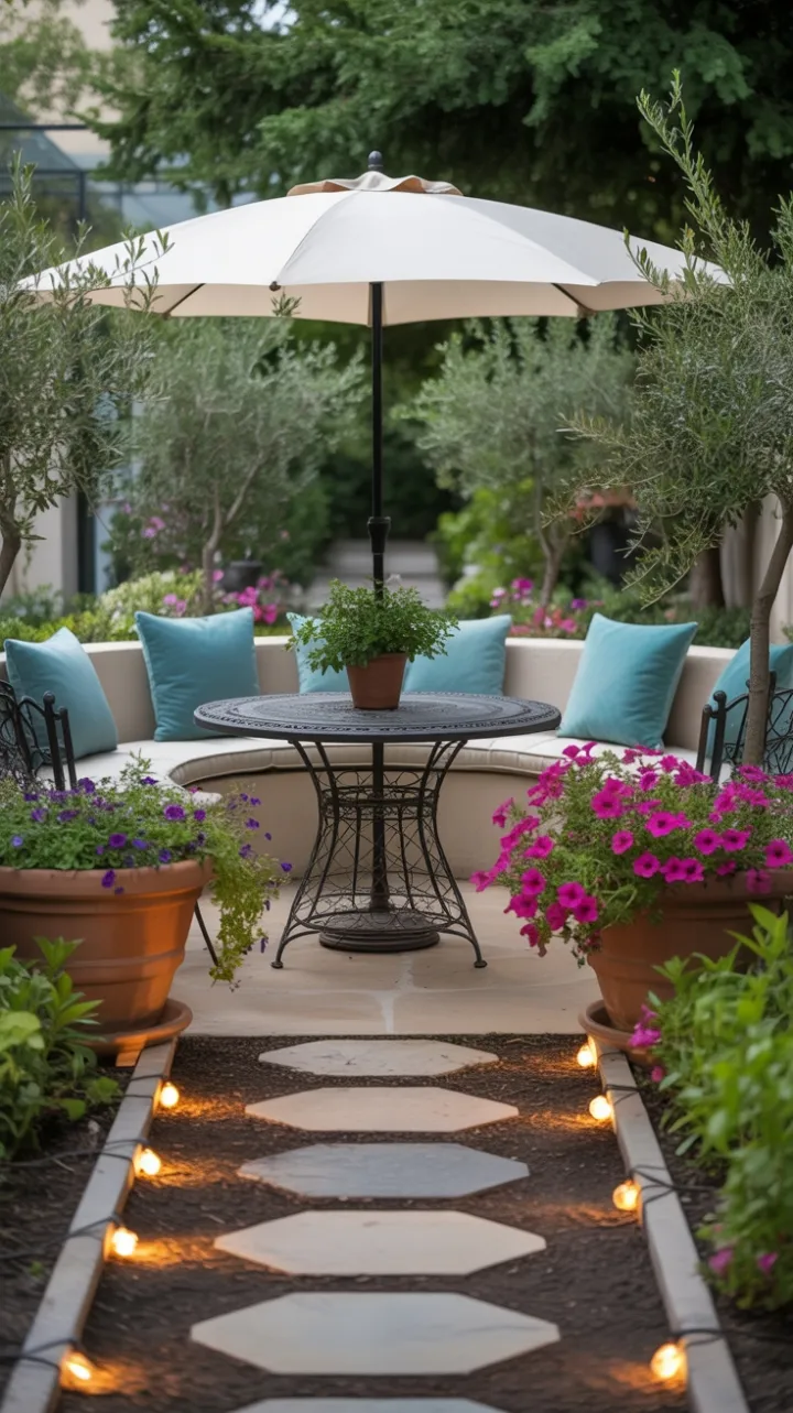Olive-Shadowed Patio Retreat with Turquoise Comforts