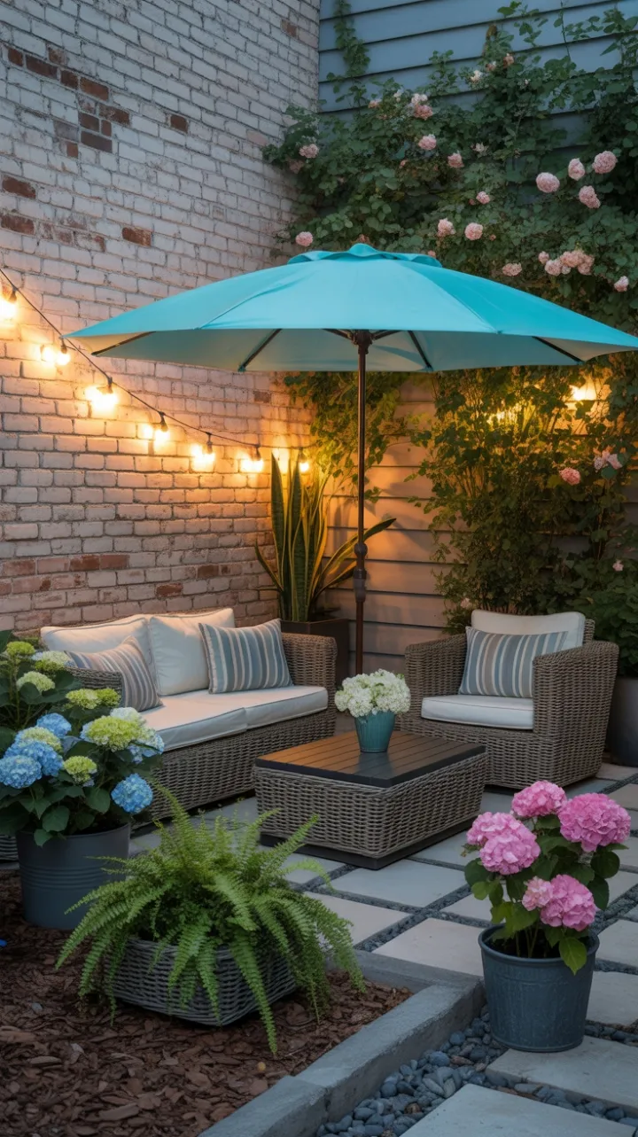 Twilight Garden Retreat Under a Turquoise Canopy