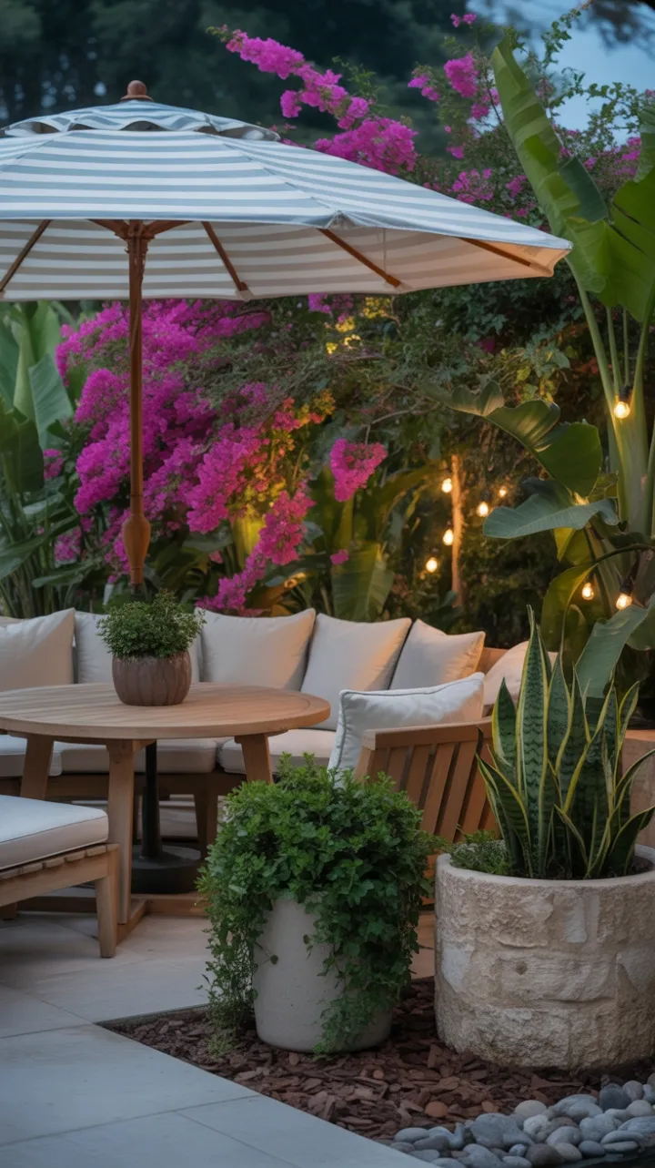 Twilight Teak Patio Bathed in Bougainvillea Glow