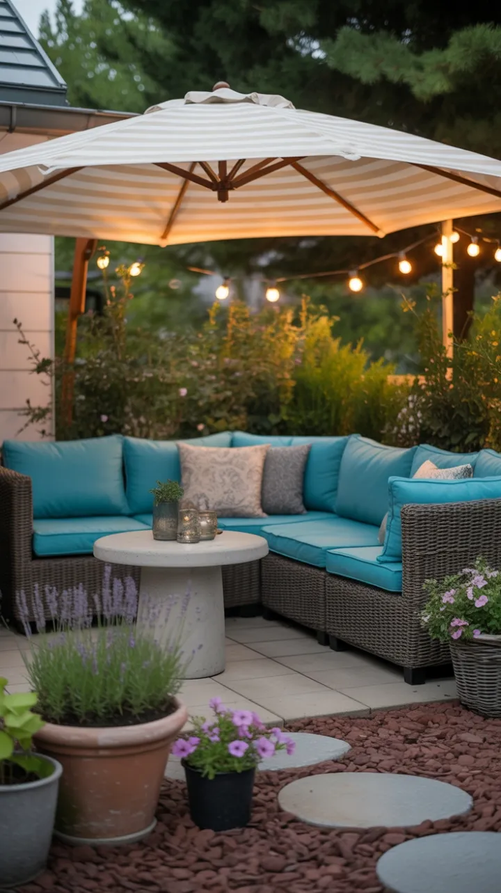 Twilight Patio Retreat with Turquoise Comfort and Lavender Calm