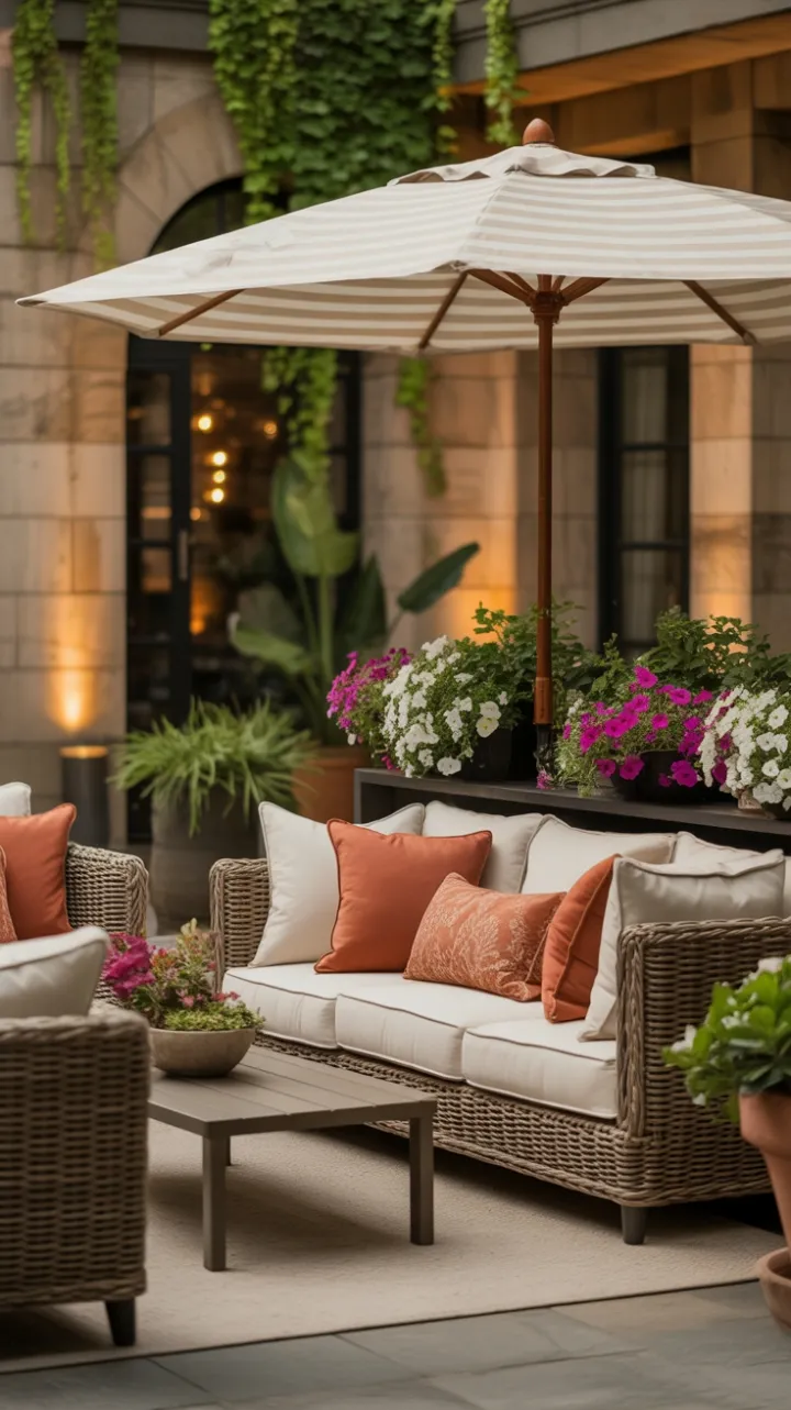 Cozy Rattan Haven with Lush Blooms and Warm Evening Glow