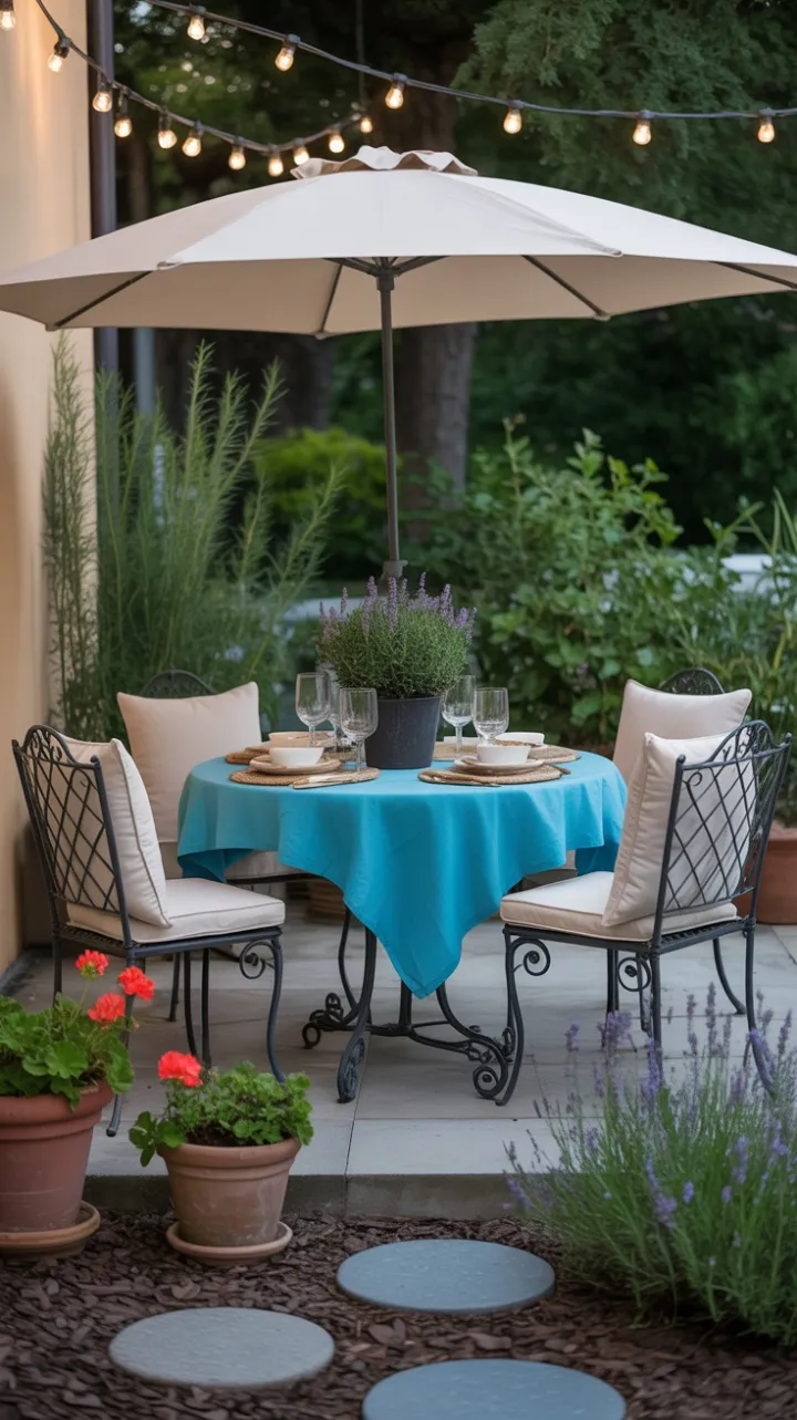 Sunlit Patio Retreat with Turquoise Table and Lavender Glow
