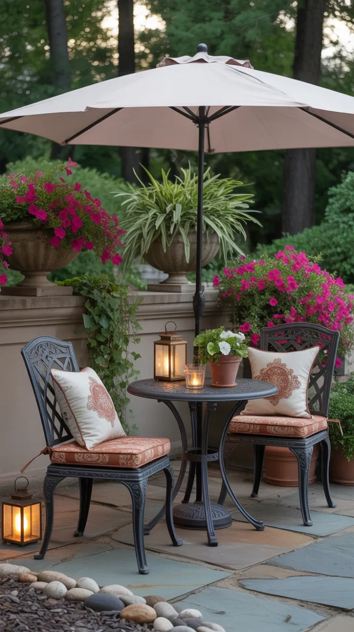 Lantern-Lit Bistro Retreat on a Sunlit Stone Patio