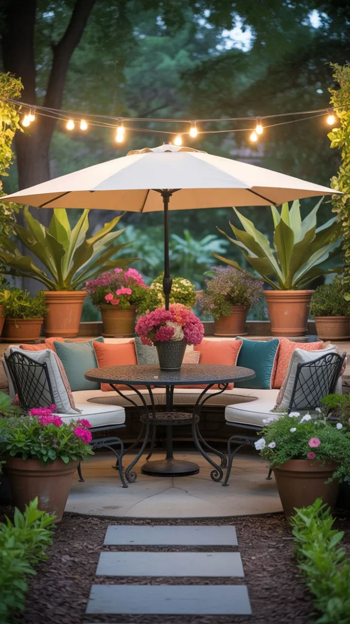Cozy Patio Retreat with Cream Canopy, String Lights, and Lush Blooms