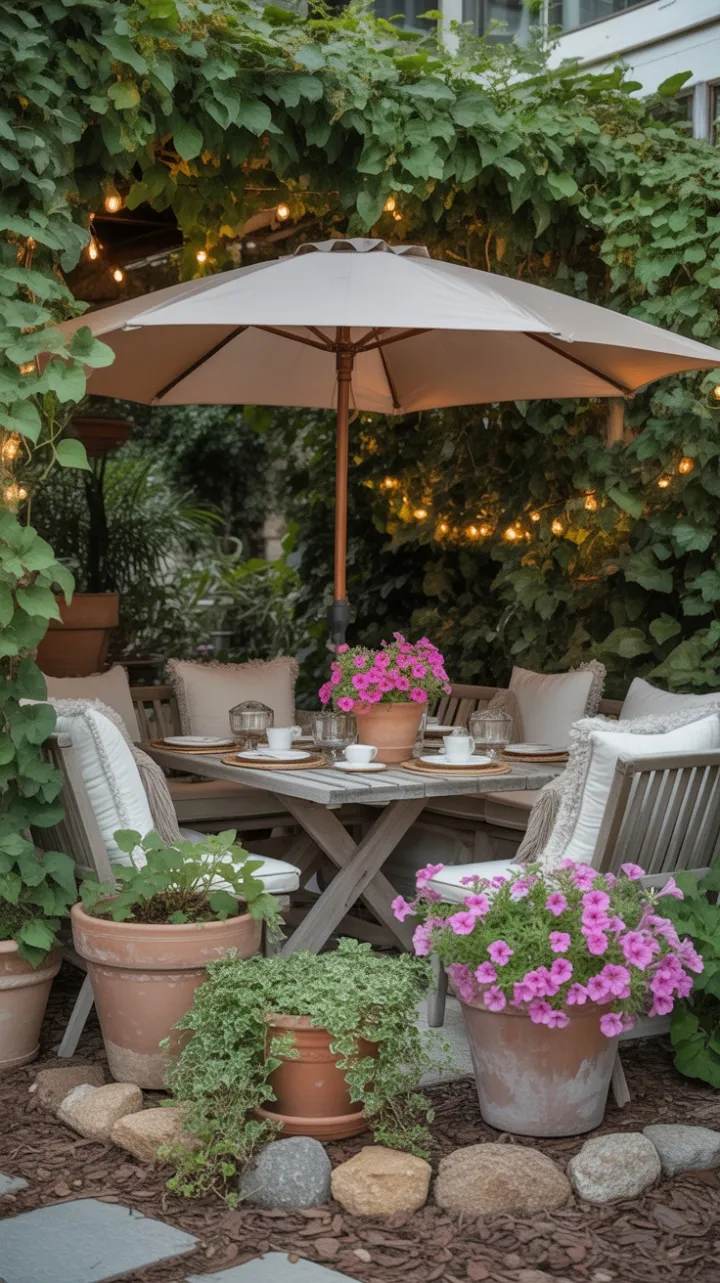 Afternoon Tea on a Weathered Garden Table Bathed in String-Light Glow