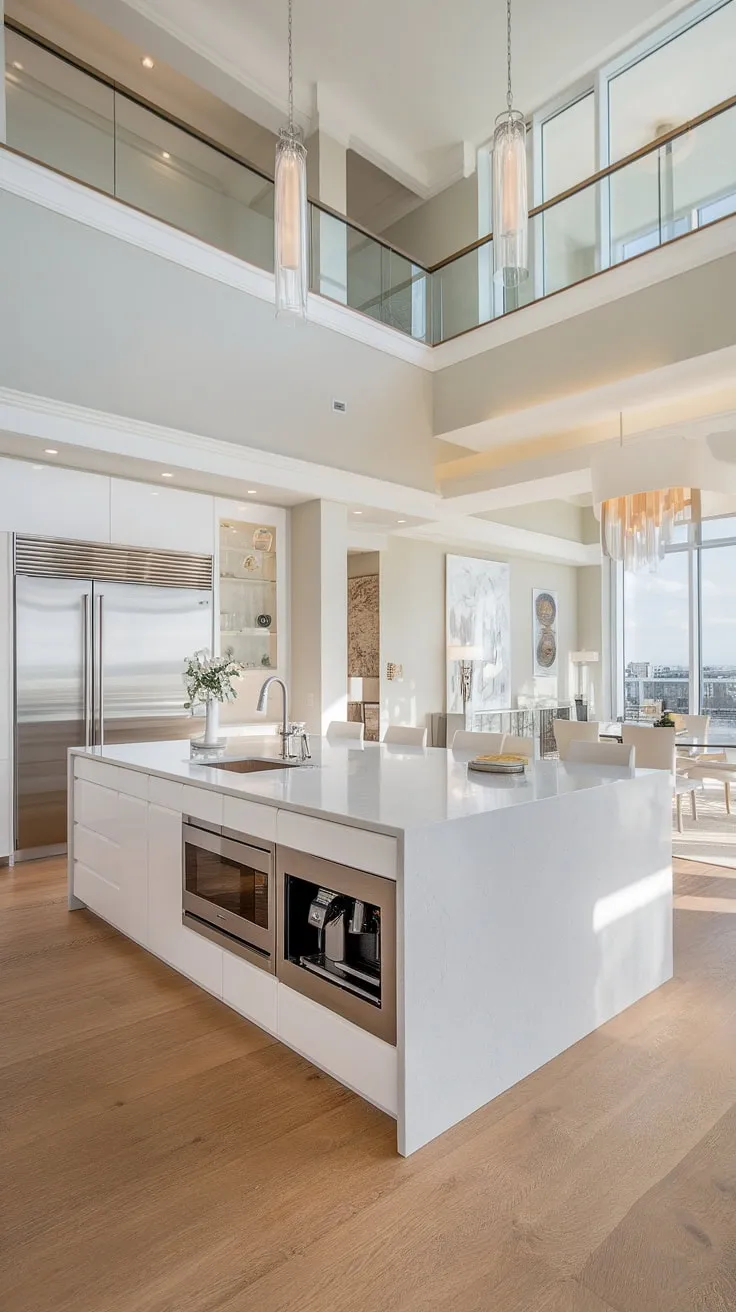 Elegant penthouse kitchen design features a spacious island and high-end appliances in a bright airy space