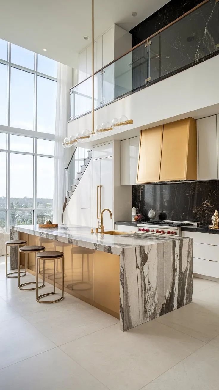 Opulent gold accents and city views define this two-story penthouse kitchen's luxurious modern design