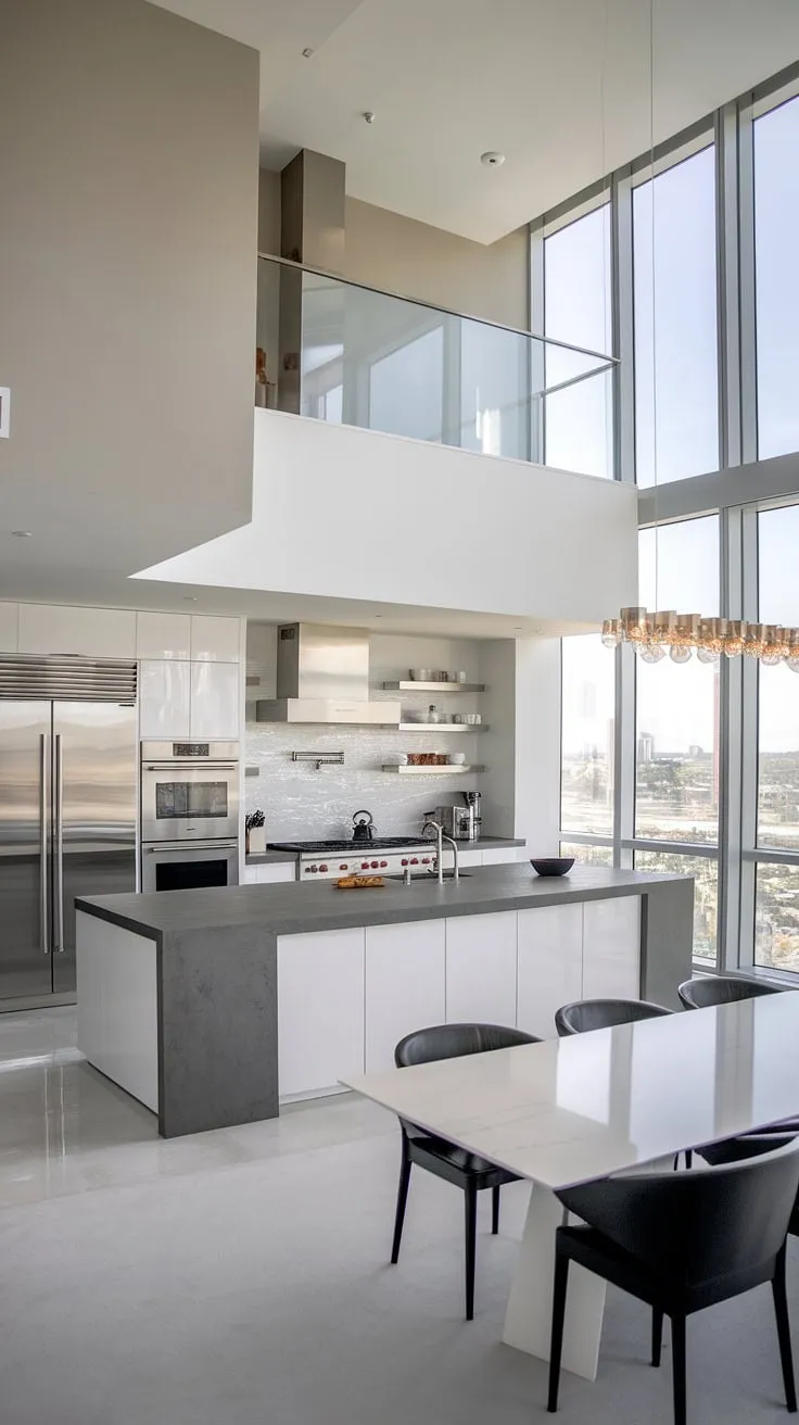 A modern, gray and white penthouse kitchen offers luxury and stunning cityscape panoramas.