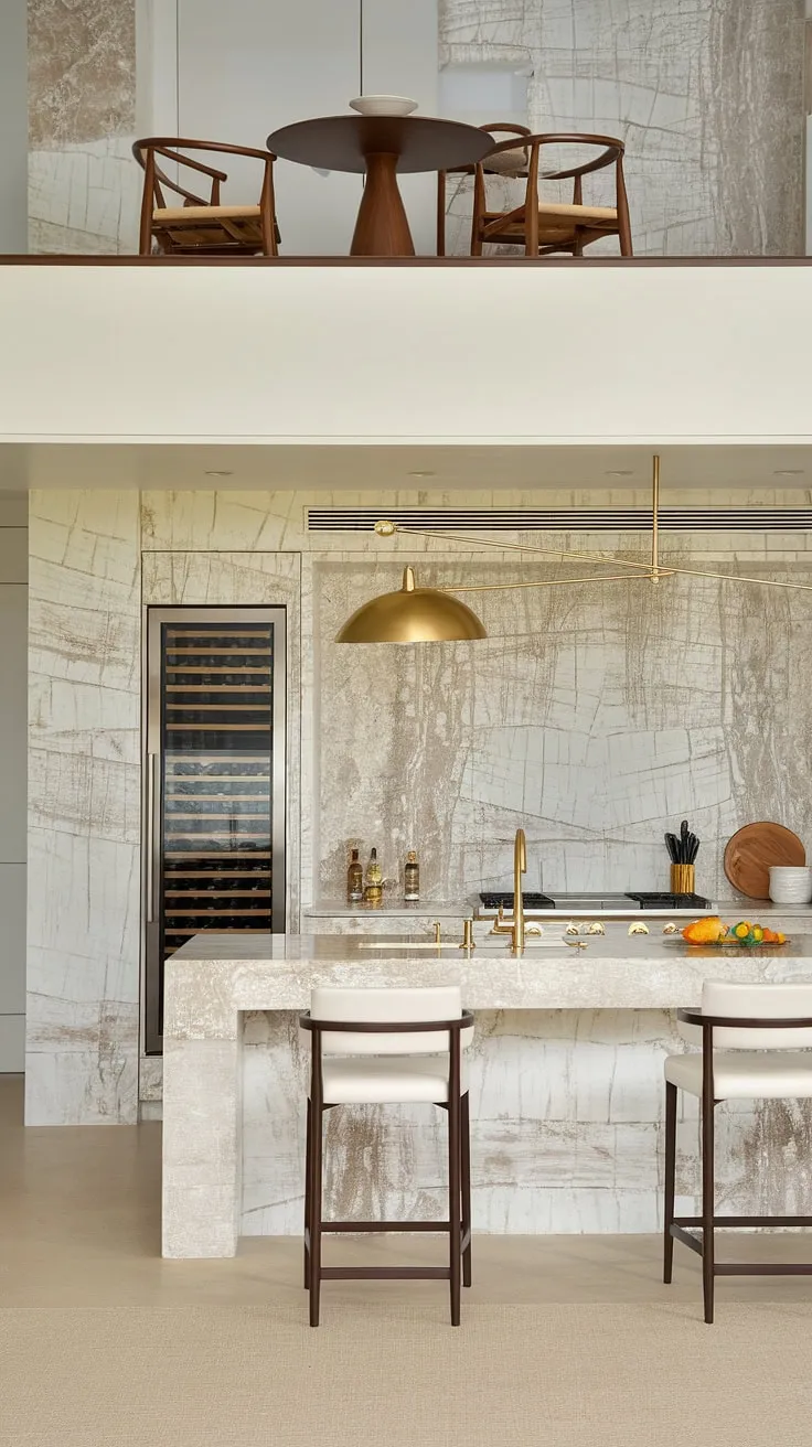 Opulent penthouse kitchen design features a marble island, golden accents, and a breakfast nook upstairs
