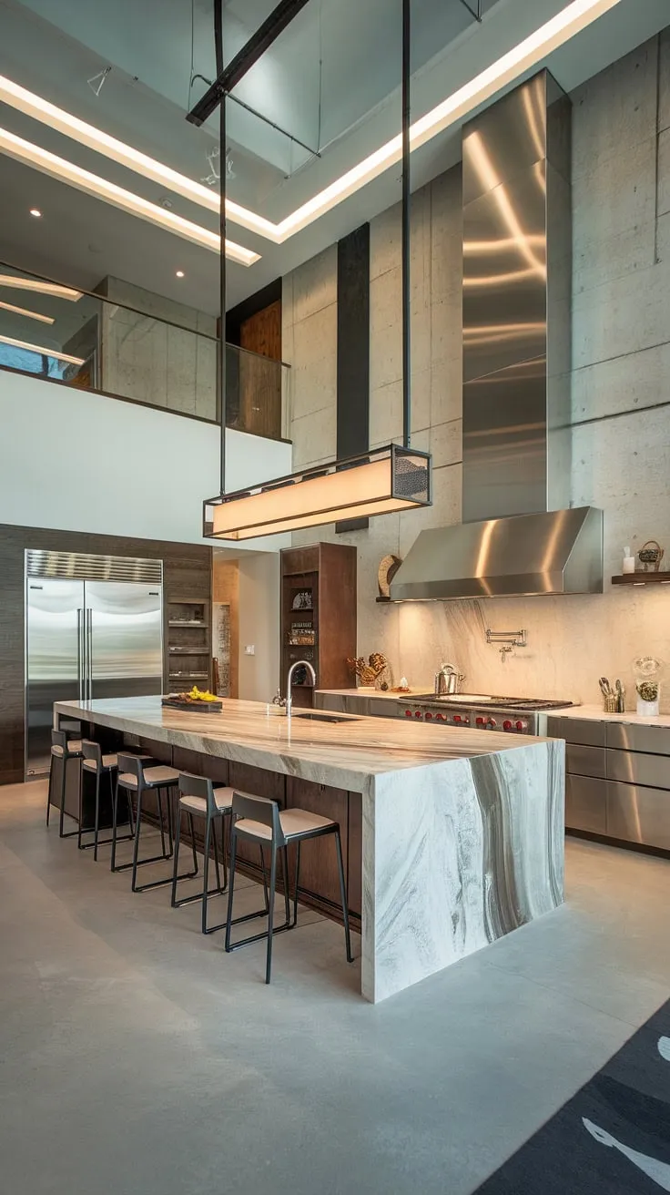 A stunning modern penthouse kitchen boasts a large marble island, stainless steel appliances, and concrete floors, creating a luxurious cooking space.