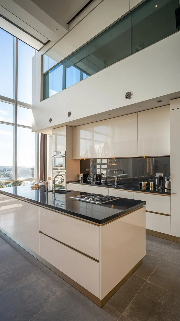 A stunning penthouse kitchen boasts a black countertop and backsplash, stainless steel appliances, and city views from a window above the island sink.
