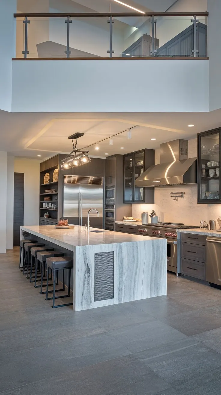 High-end finishes and bright lighting define this stunning penthouse kitchen's industrial-modern design.