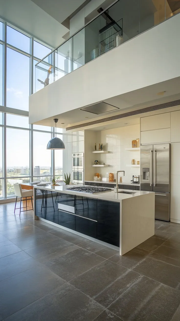 A luxurious two-story penthouse boasts a modern kitchen with city views and high-end appliances