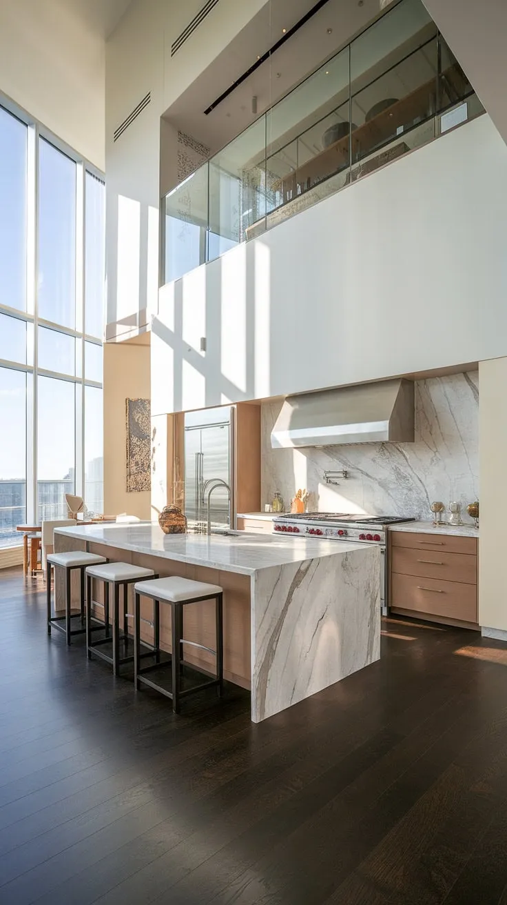 A luxurious two-story penthouse boasts a bright modern kitchen with marble countertops and stainless steel appliances, centered by a large island.