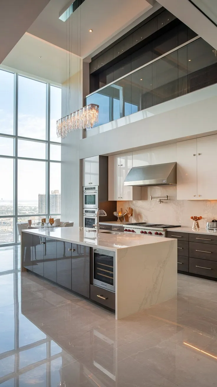 A modern two-story penthouse boasts a luxurious kitchen with marble countertops and breathtaking city vistas.