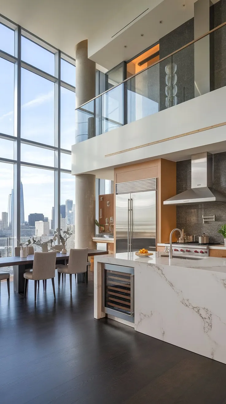 A stunning penthouse kitchen boasts modern stainless steel appliances, a marble-topped island, and breathtaking city skyline views.