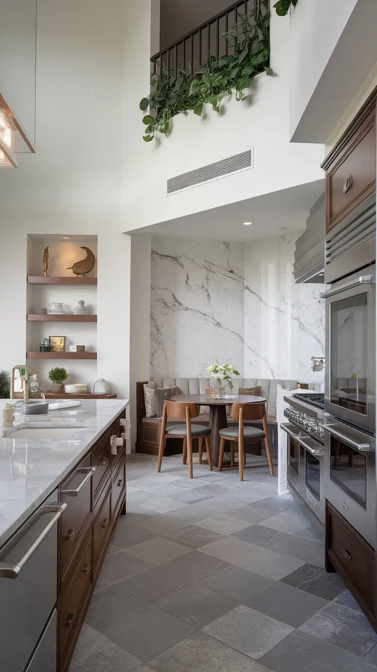 Luxury meets culinary bliss in this two-story penthouse kitchen, boasting marble countertops, stainless steel appliances, and a charming breakfast nook.