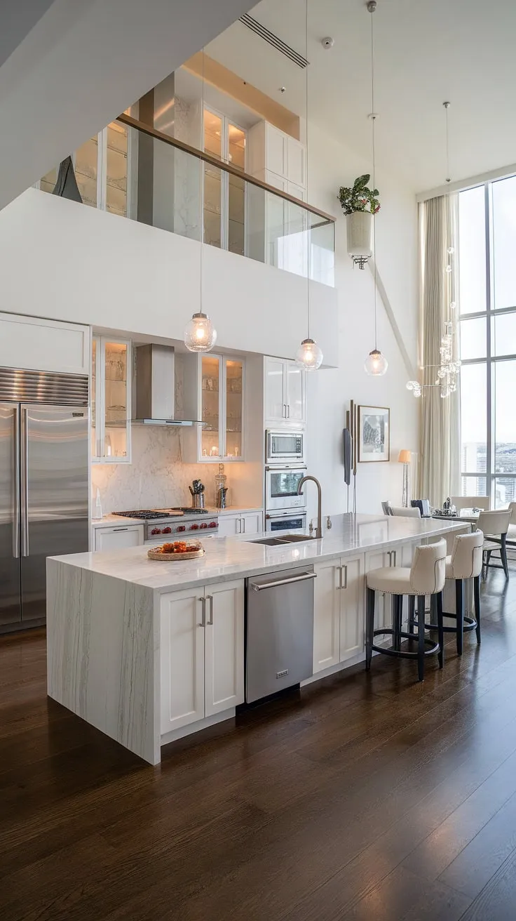 A bright, spacious penthouse kitchen boasts modern stainless steel appliances, white cabinets, and a marble island, creating a luxurious cooking space.