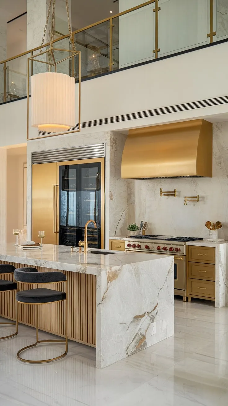 Gold accents and marble surfaces define this opulent penthouse kitchen's modern design.