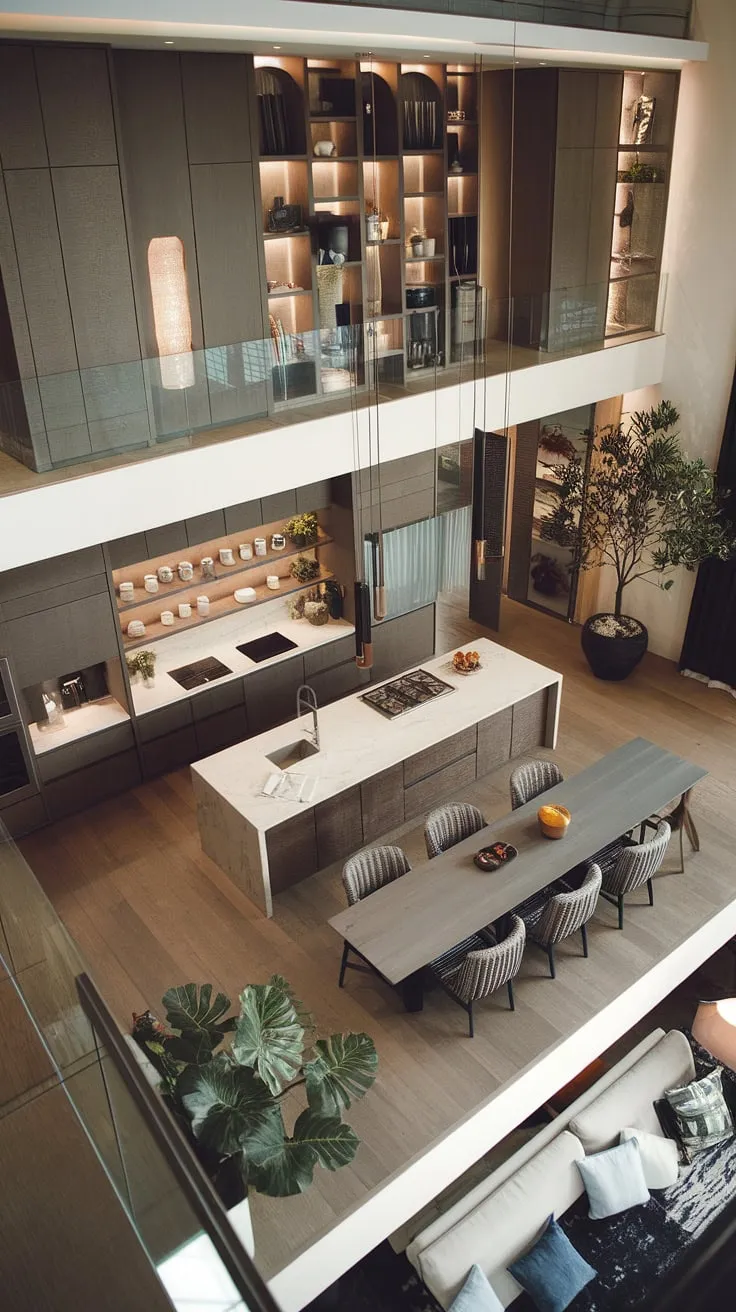 Modern luxury defines this two-story penthouse kitchen, a spacious haven for culinary pursuits and elegant entertaining.