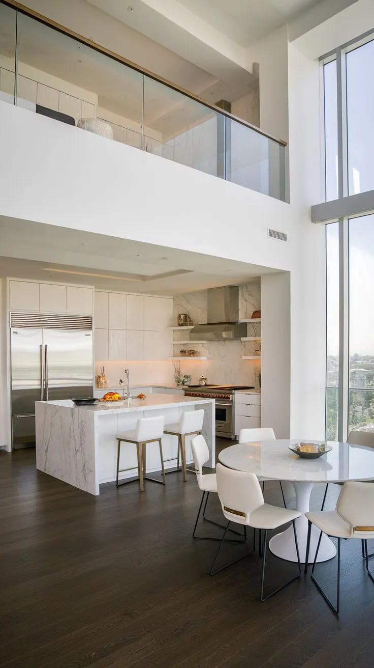 A stunning penthouse kitchen boasts a modern design, marble island, and breathtaking city vistas.