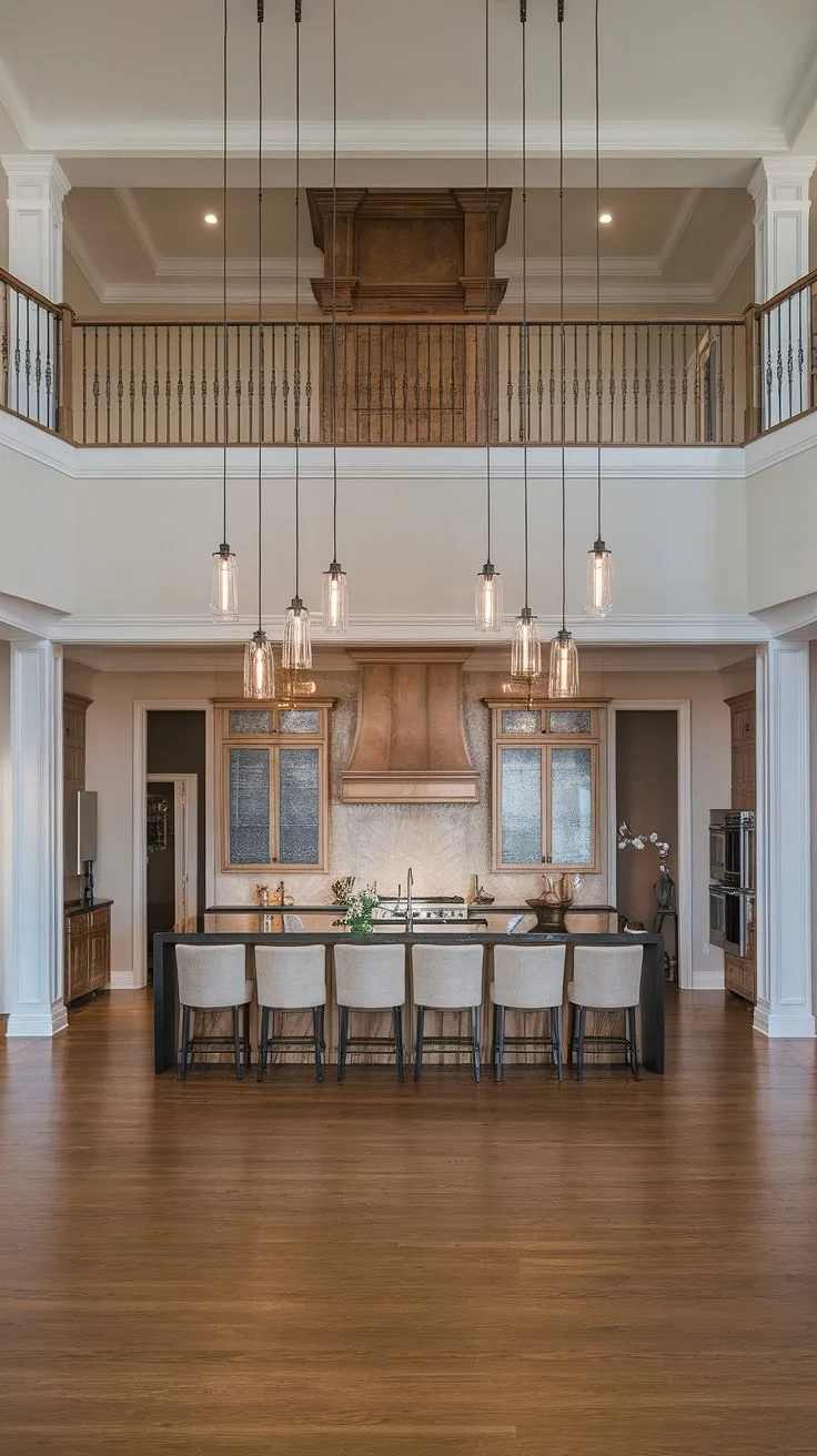 A luxurious two-story mansion kitchen features a modern design and large black-topped island.