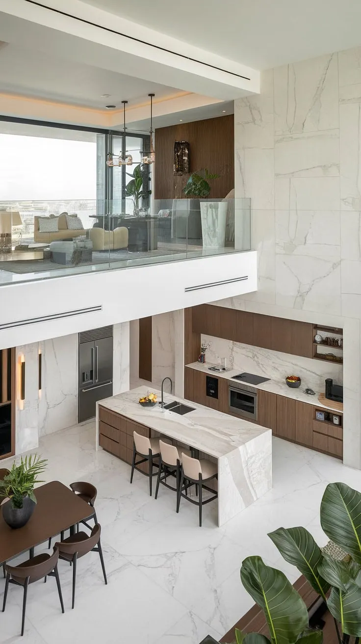 Luxury redefined a two-story penthouse kitchen and living area with marble finishes and a spacious island