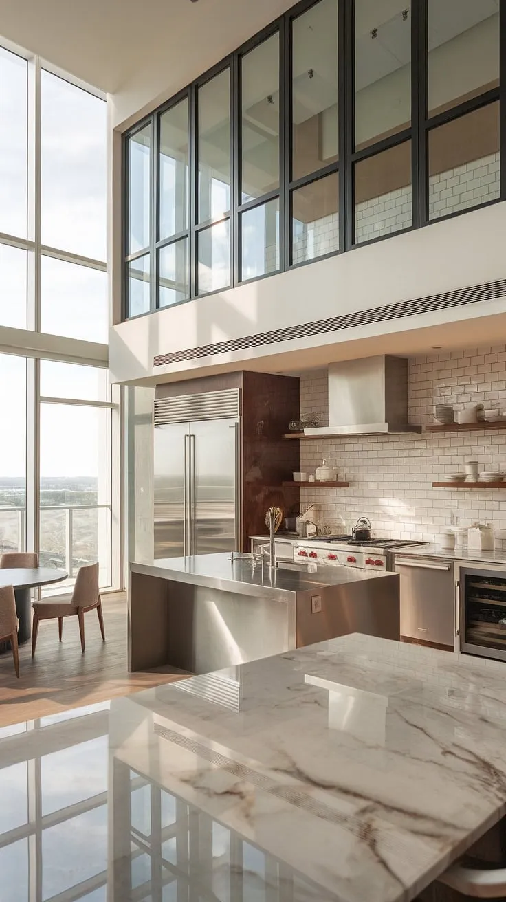 This luxurious two-story penthouse kitchen boasts high-end appliances and stunning city views from its expansive windows