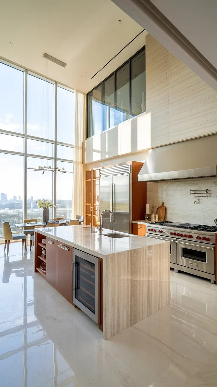 Luxury and light define this two-story penthouse kitchen with its marble finishes and expansive city vista.