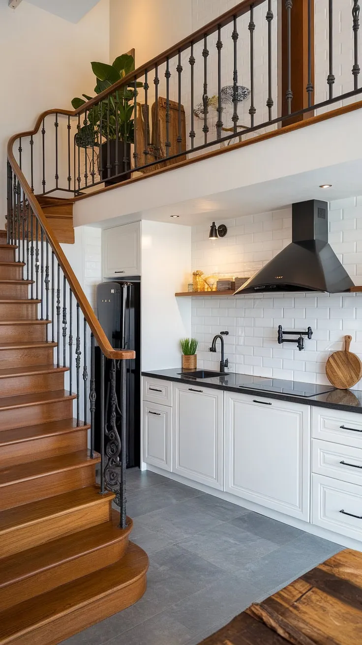 A stunning two-story penthouse kitchen boasts a modern design with a loft-level cooking space featuring sleek black appliances and white cabinetry.
