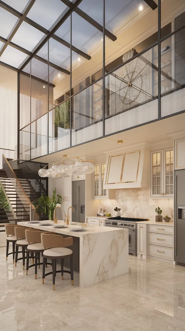 Opulent penthouse kitchen design boasts a marble island, gold accents, and breathtaking glass walls