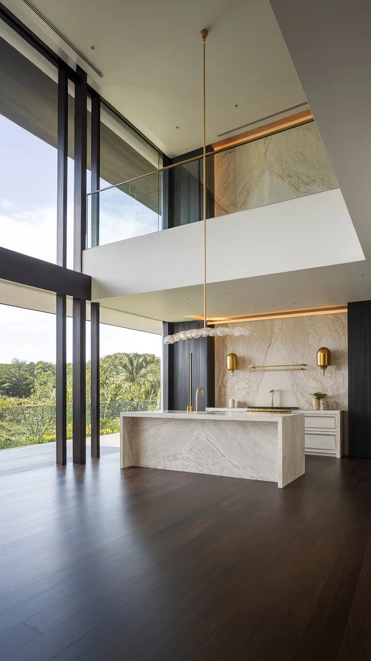 Gold details and a high ceiling define this opulent penthouse kitchen's modern design, overlooking a lush tropical landscape.