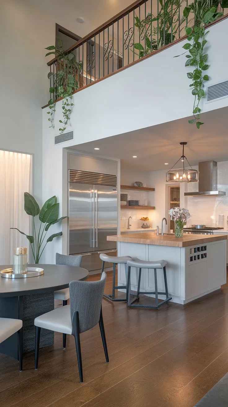 Elegant penthouse kitchen design features stainless steel appliances and a butcher block island, creating a luxurious cooking and dining space