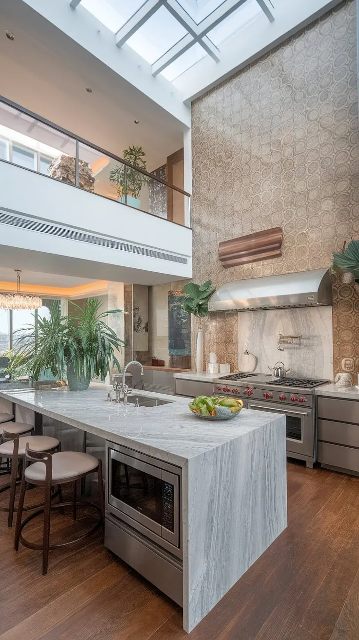 High-end penthouse kitchen design features marble, stainless steel, and a skylight, creating a luxurious atmosphere