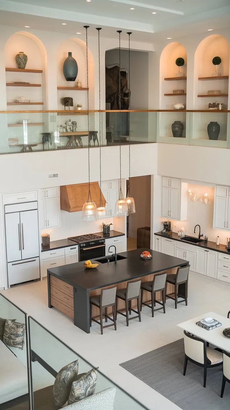 Luxury meets loft living in this two-story penthouse kitchen, boasting a sleek island and open design flowing into a dining and seating area.